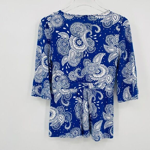 Boden Size 2 Blue & White Paisley Floral Print V Neck Bell Sleeve Knit Top - Picture 7 of 9